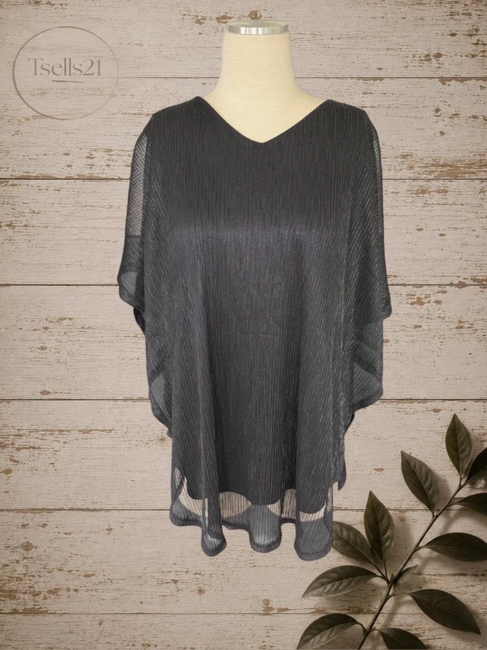 NWT Blue Mood Black Micro-Pleated Sheer Poncho Blouse - Size 1X
